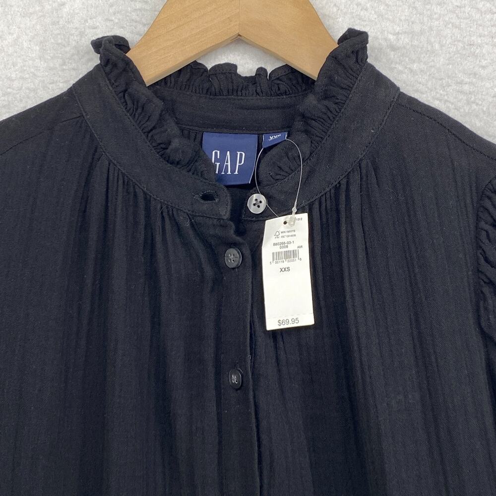 GAP Dress XS Crinkle Gauze Mini Tiered Ruffle Button Front Puff Sleeve Black NEW - Picture 6 of 16